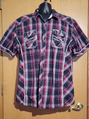 BKE Men's Short-Sleeve Plaid Button-Down Shirt - Black & Red